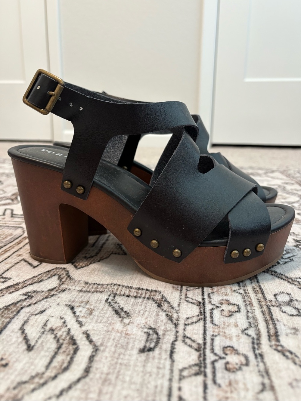 torrid Black Faux Leather Platform Sandals with Brown Wood-Effect Heel